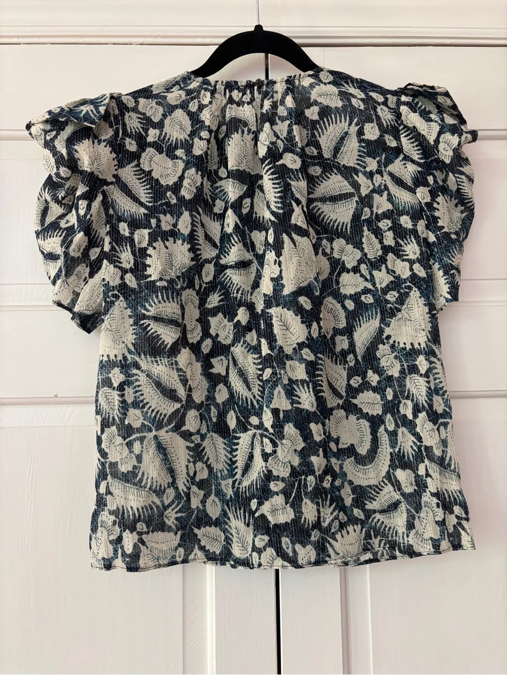 Ulla Johnson‎ Nova Top Indigo Batik Floral Metallic Puff Sleeve Blouse Size 0
